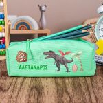 Σχολική Κασετίνα με Όνομα, σε Πετρόλ Χρώμα & Σχέδιο Dino