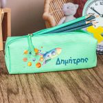 Σχολική Κασετίνα με Όνομα, σε Πετρόλ Χρώμα & Σχέδιο Πύραυλος