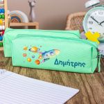 Σχολική Κασετίνα με Όνομα, σε Πετρόλ Χρώμα & Σχέδιο Πύραυλος