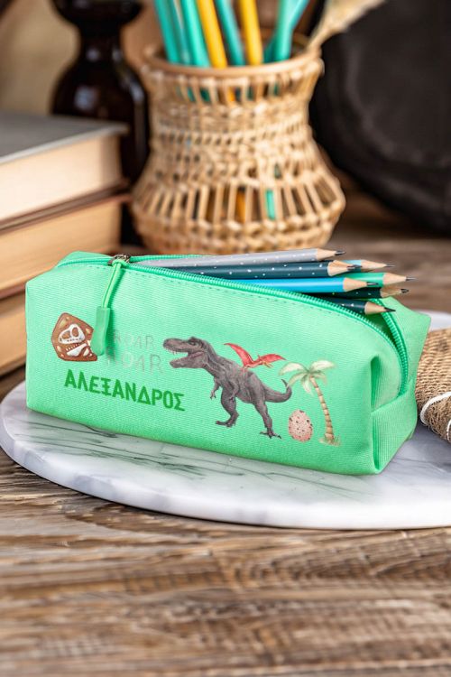 Σχολική Κασετίνα με Όνομα, σε Πετρόλ Χρώμα & Σχέδιο Dino