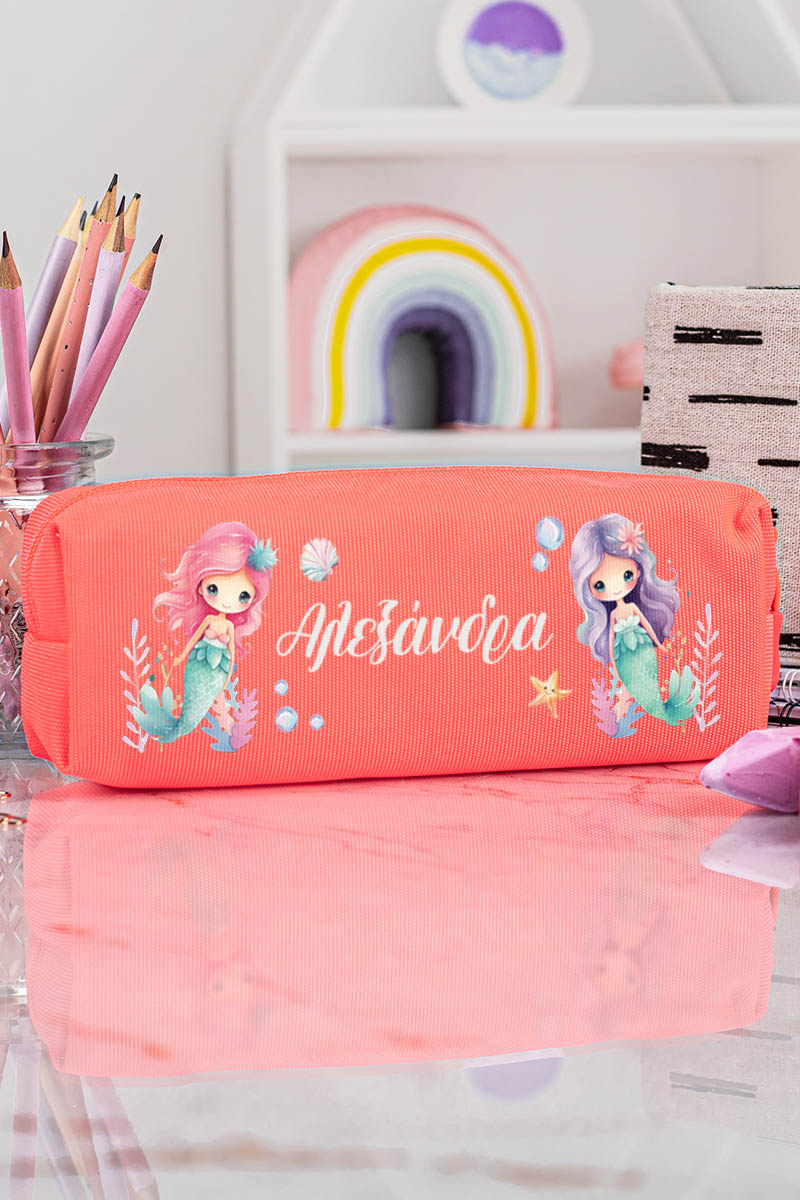 Σχολική Κασετίνα με Όνομα, σε Κοραλί Χρώμα & Σχέδιο Γοργόνες