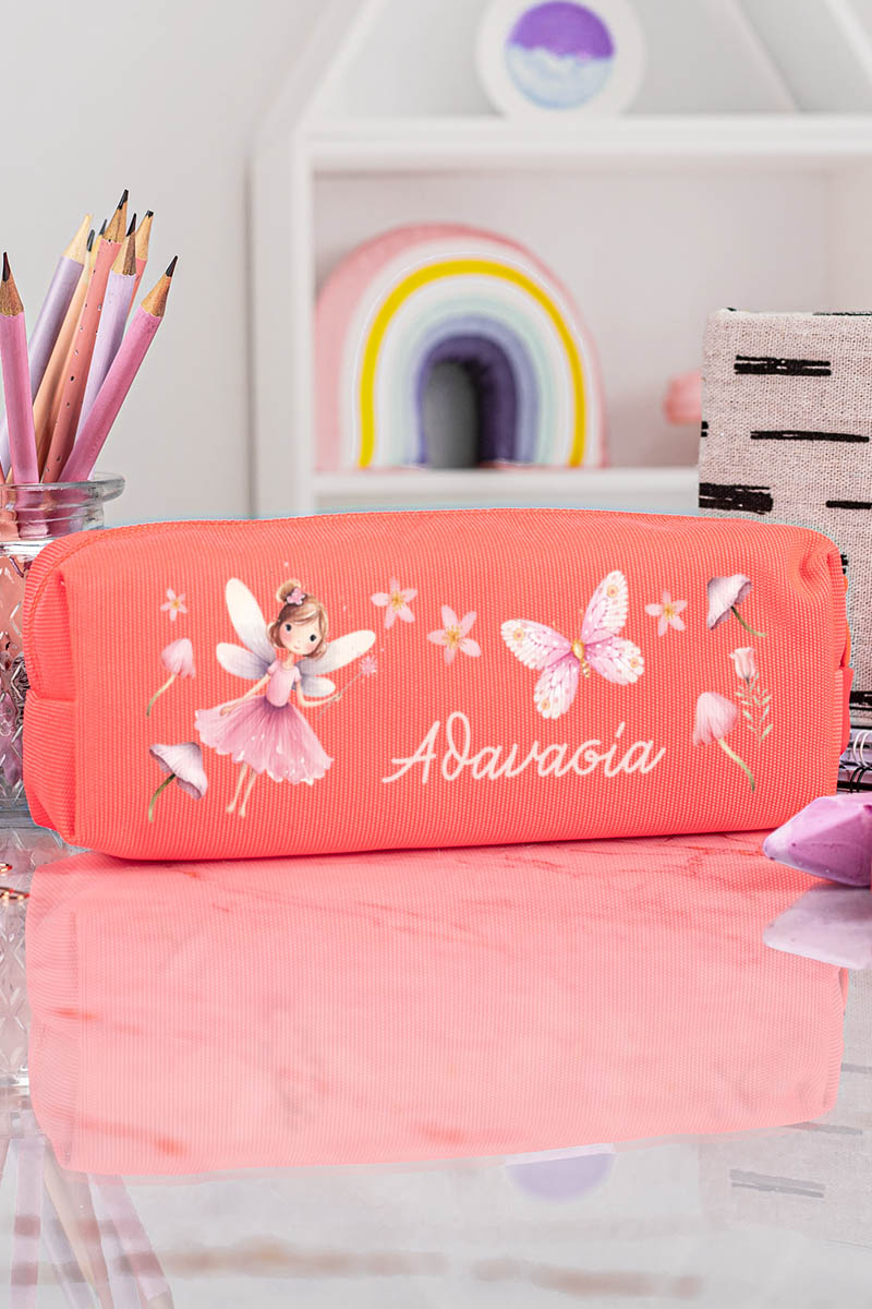 Σχολική Κασετίνα με Όνομα, σε Κοραλί Χρώμα & Σχέδιο Νεραϊδα