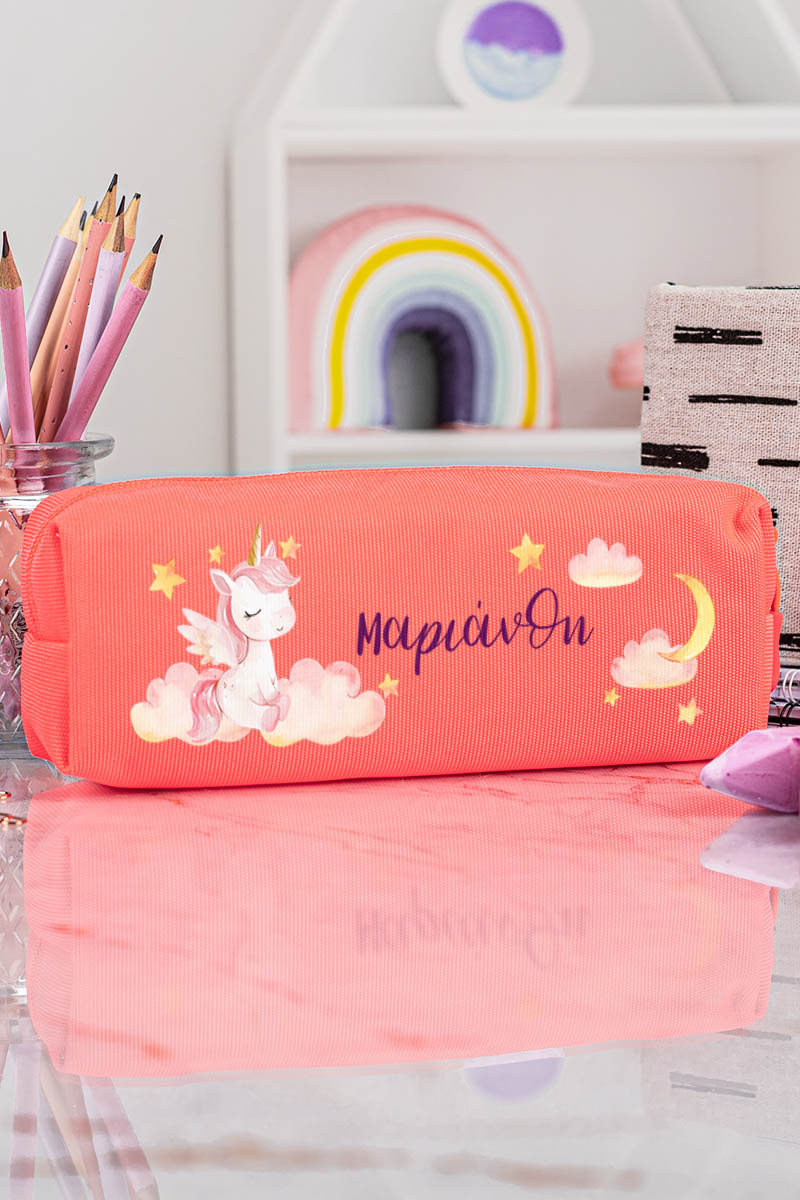 Σχολική Κασετίνα με Όνομα, σε Κοραλί Χρώμα & Σχέδιο Μονόκερος