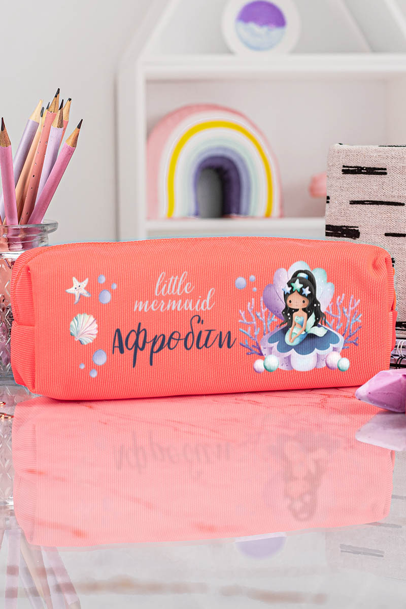 Σχολική Κασετίνα με Όνομα, σε Κοραλί Χρώμα & Σχέδιο Κοραλί