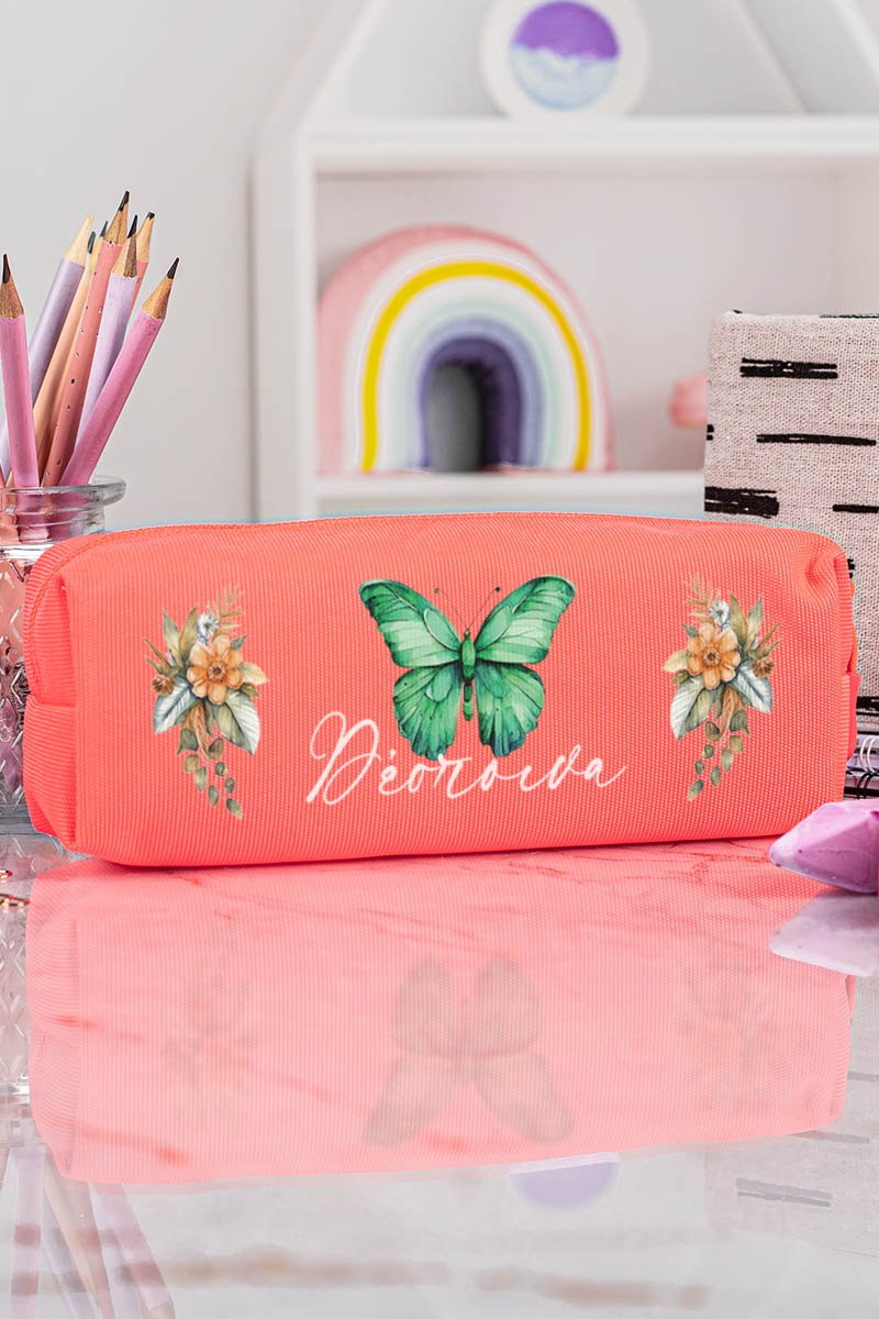 Σχολική Κασετίνα με Όνομα, σε Κοραλί Χρώμα & Σχέδιο Ανθοί