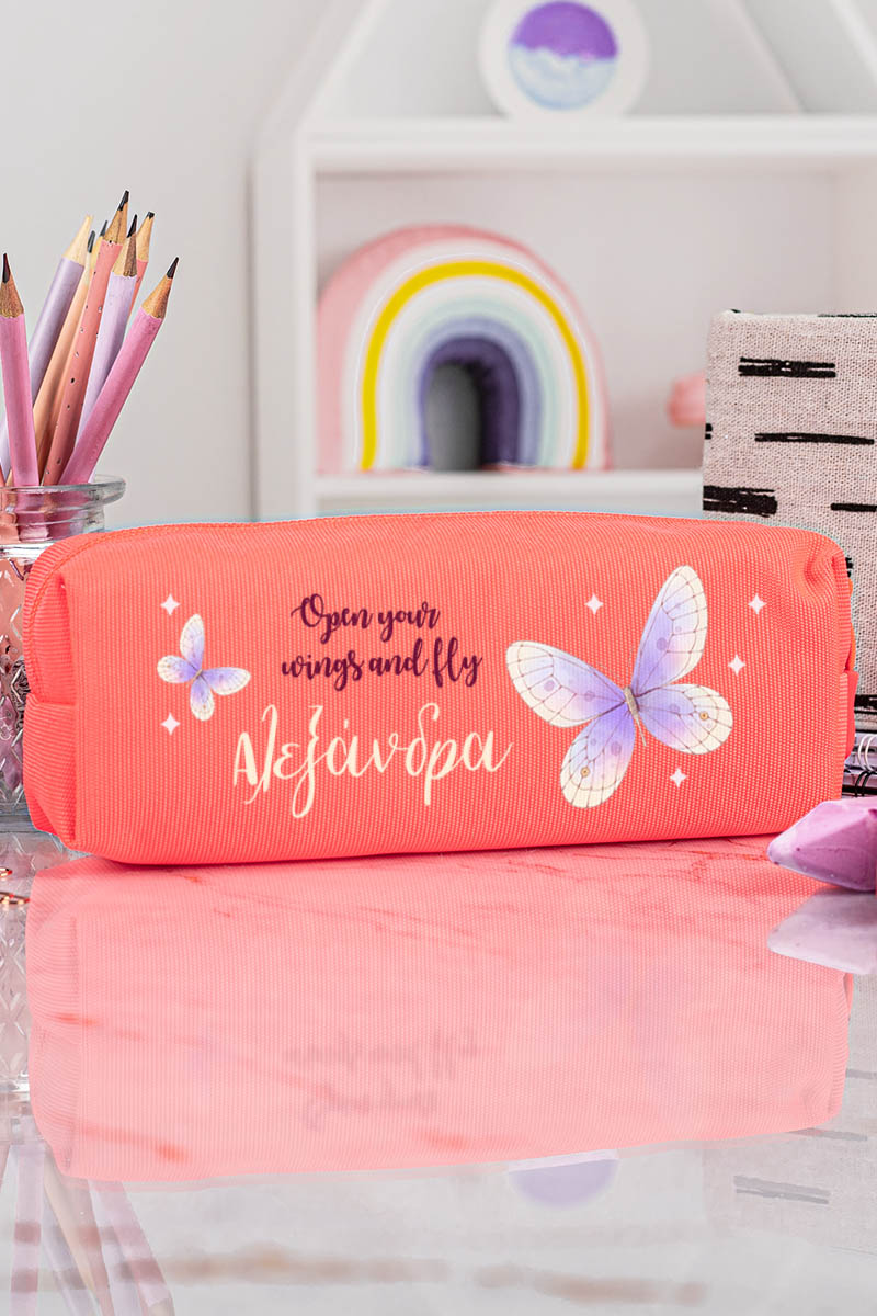 Σχολική Κασετίνα με Όνομα, σε Κοραλί Χρώμα & Σχέδιο Πεταλούδες