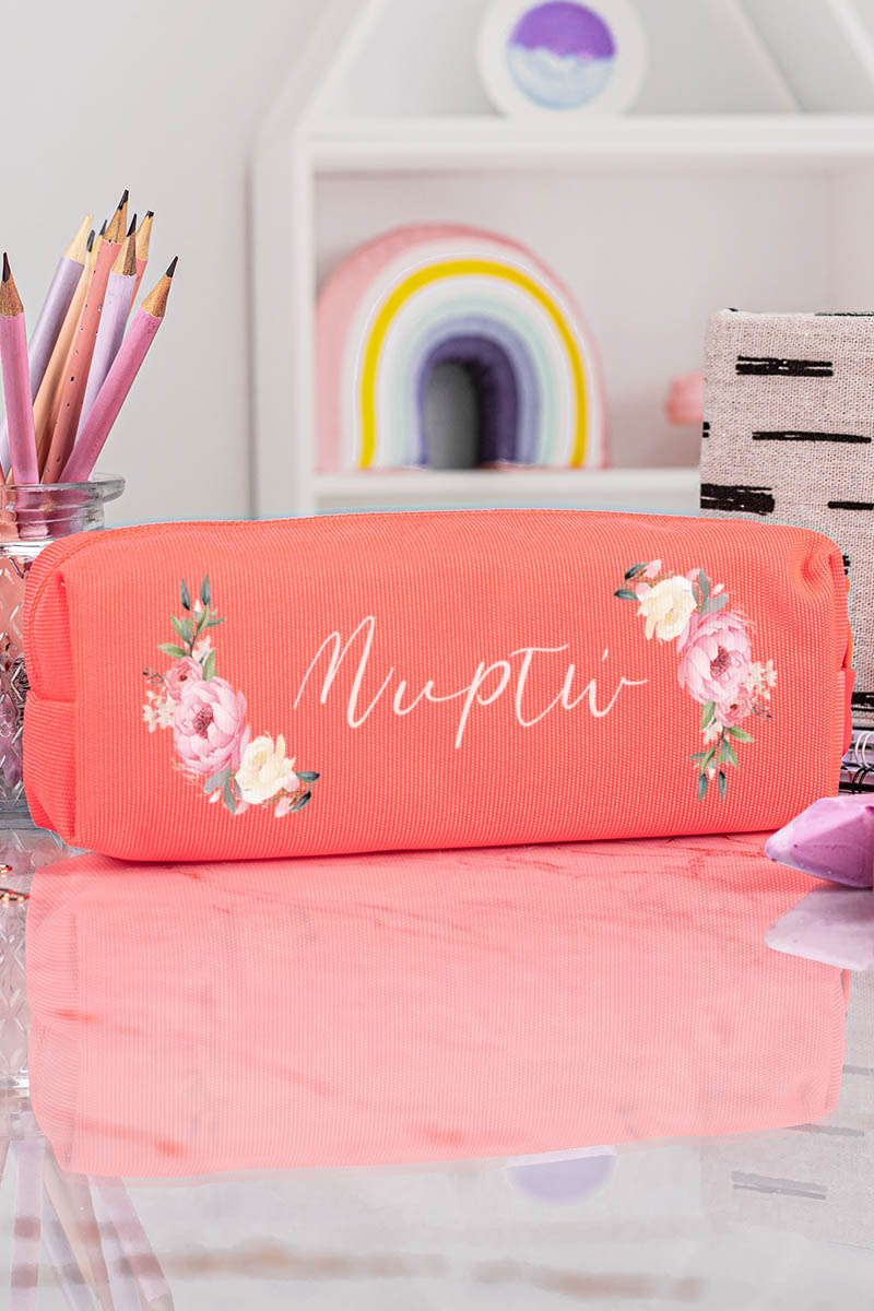 Σχολική Κασετίνα με Όνομα, σε Κοραλί Χρώμα & Σχέδιο Λουλούδια