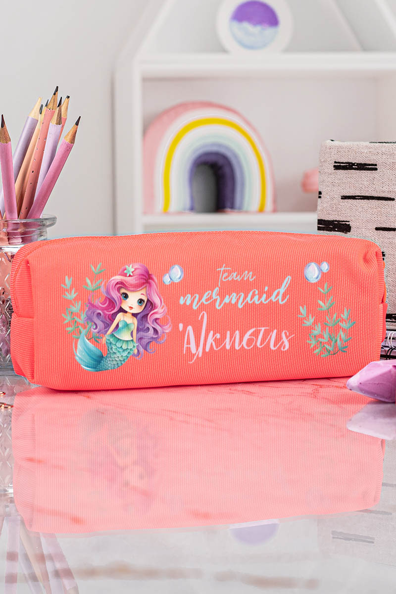 Σχολική Κασετίνα με Όνομα, σε Κοραλί Χρώμα & Σχέδιο Άριελ