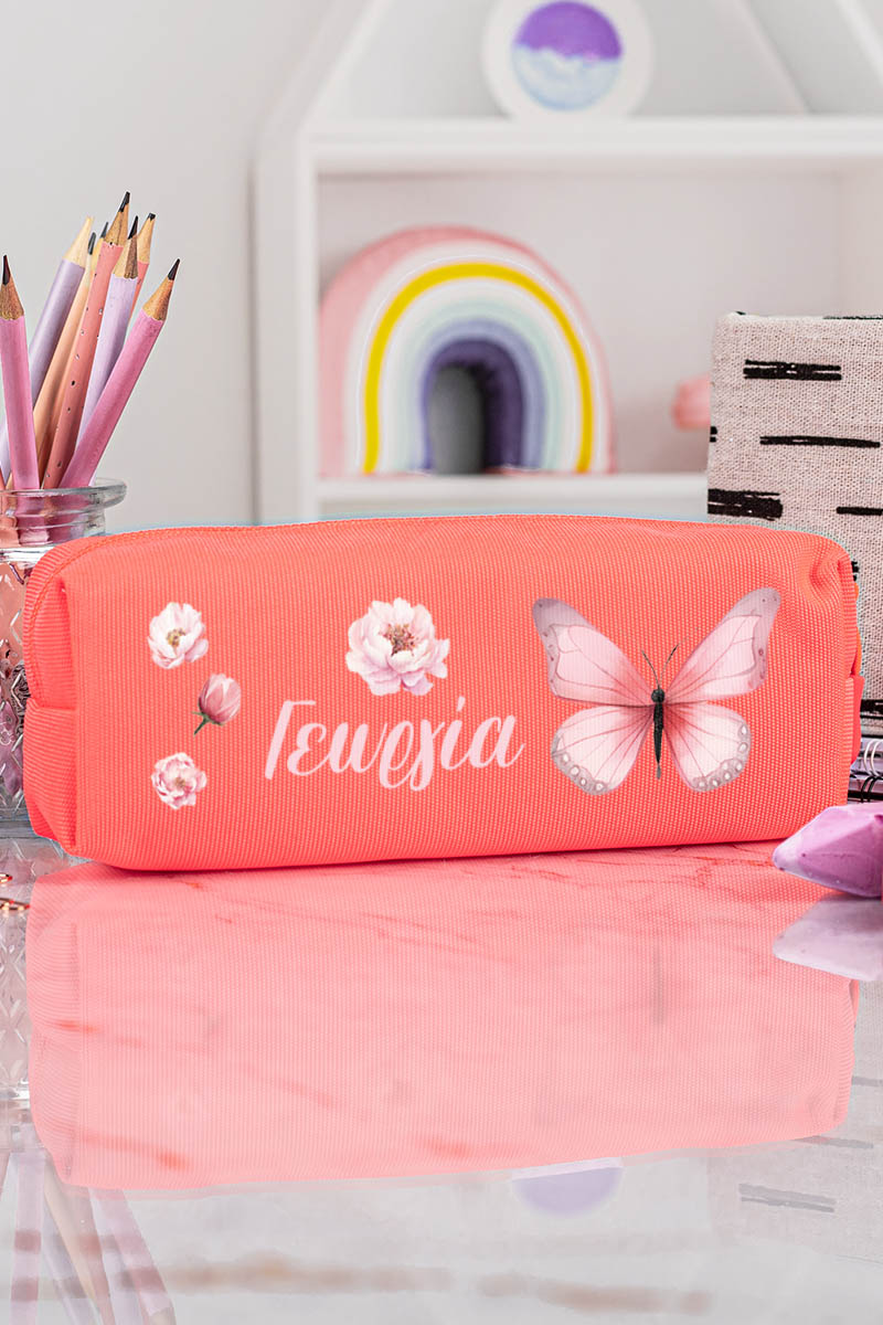 Σχολική Κασετίνα με Όνομα, σε Κοραλί Χρώμα & Σχέδιο Πεταλούδα