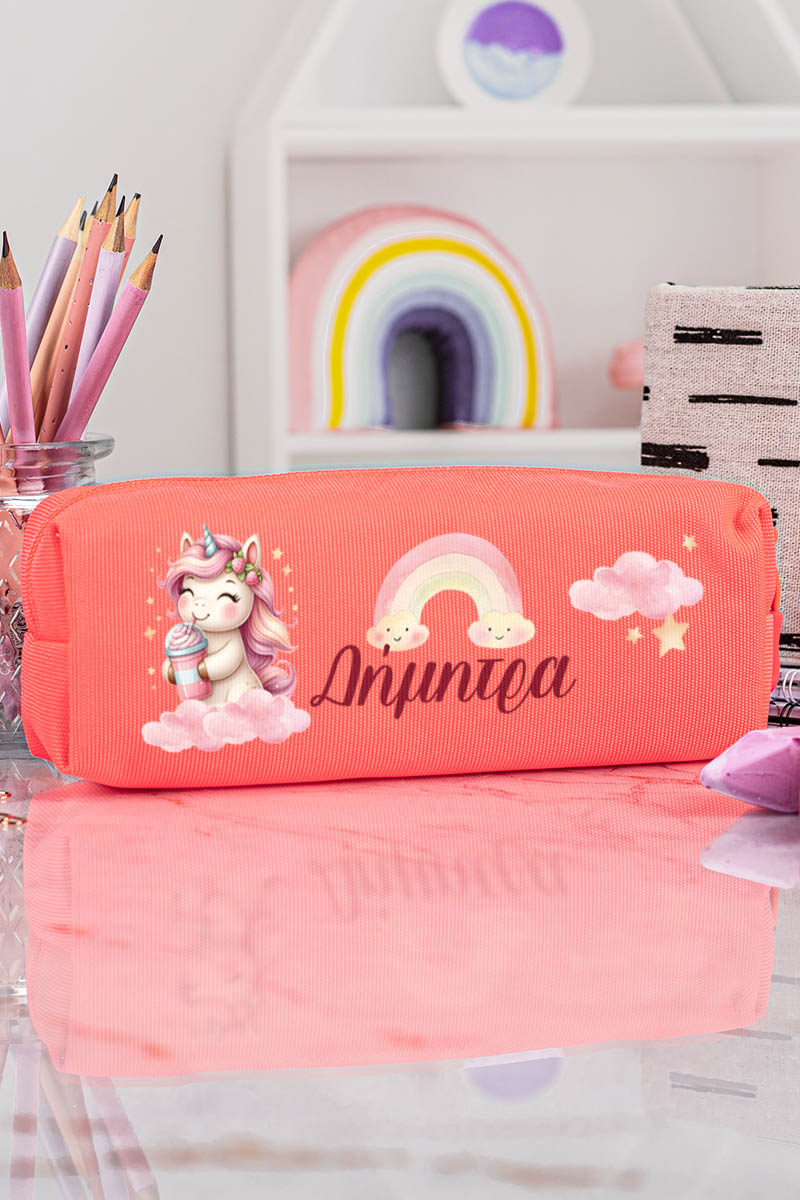 Σχολική Κασετίνα με Όνομα, σε Κοραλί Χρώμα & Σχέδιο Milkshake