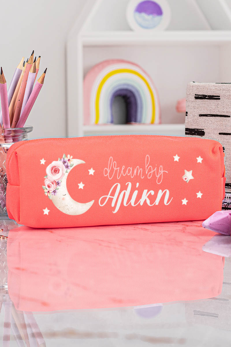 Σχολική Κασετίνα με Όνομα, σε Κοραλί Χρώμα & Σχέδιο Νύχτα