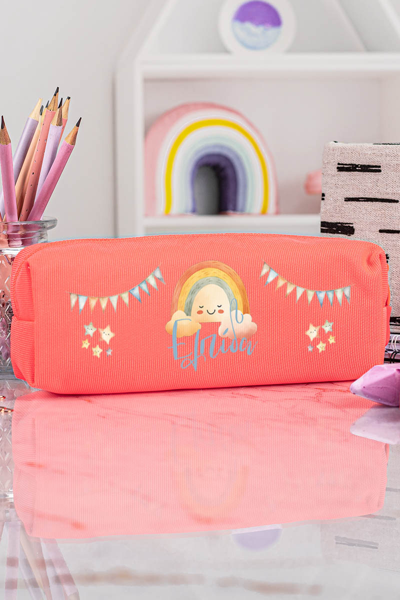 Σχολική Κασετίνα με Όνομα, σε Κοραλί Χρώμα & Σχέδιο Αστέρια