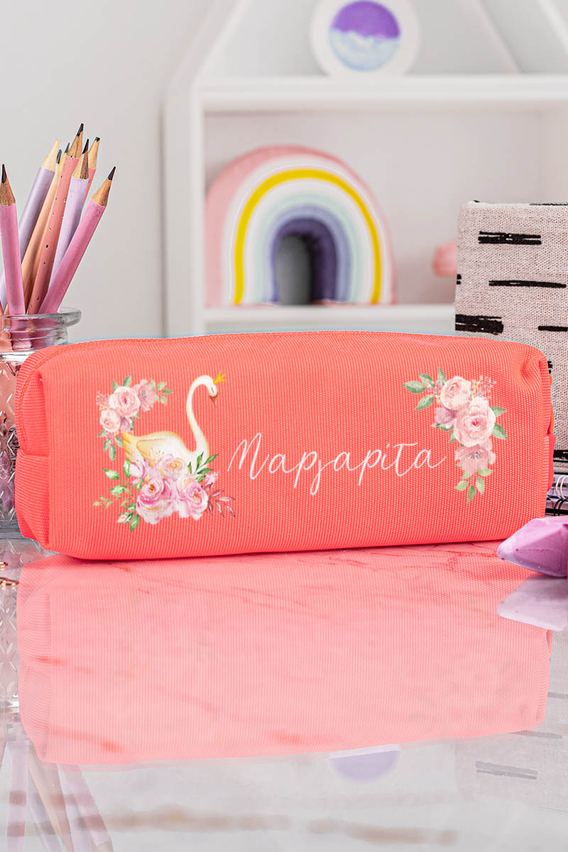 Σχολική Κασετίνα με Όνομα, σε Κοραλί Χρώμα & Σχέδιο Κύκνος