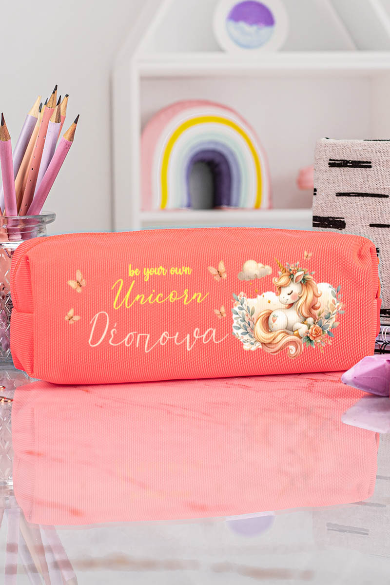 Σχολική Κασετίνα με Όνομα, σε Κοραλί Χρώμα & Σχέδιο Παράδεισος