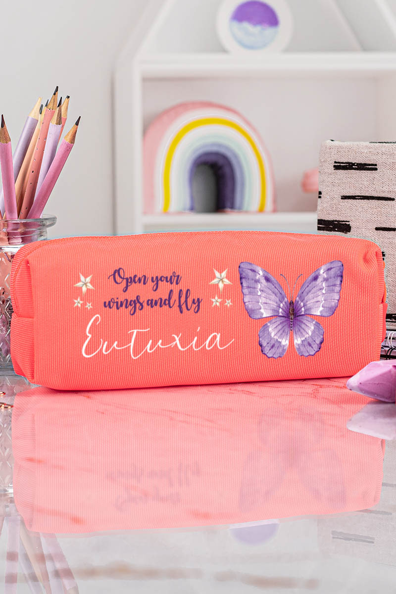 Σχολική Κασετίνα με Όνομα, σε Κοραλί Χρώμα & Σχέδιο Butterfly
