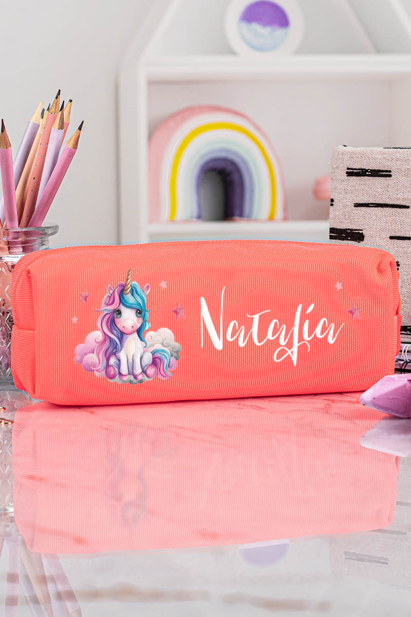 Σχολική Κασετίνα με Όνομα, σε Κοραλί Χρώμα & Σχέδιο Stars