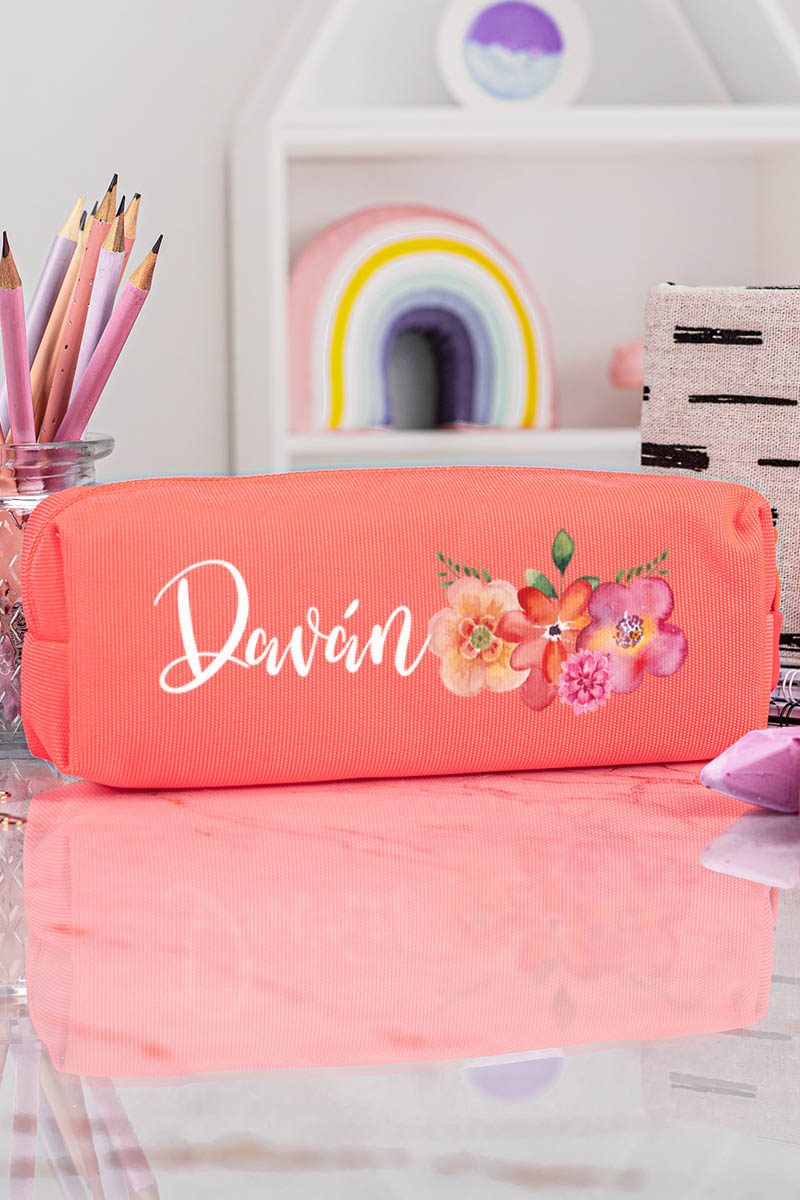 Σχολική Κασετίνα με Όνομα, σε Κοραλί Χρώμα & Σχέδιο Blossom