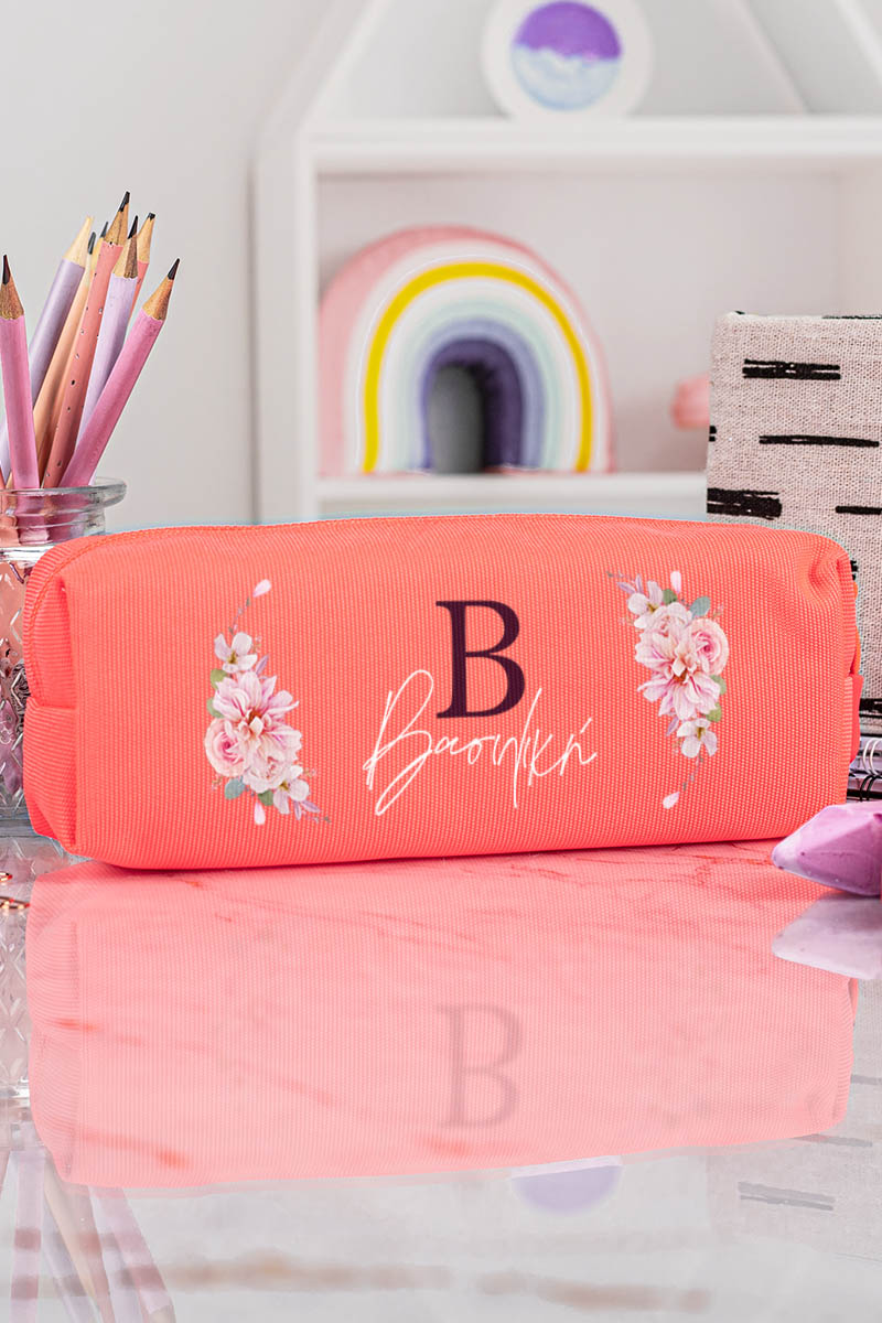 Σχολική Κασετίνα με Όνομα, σε Κοραλί Χρώμα & Σχέδιο Flowers