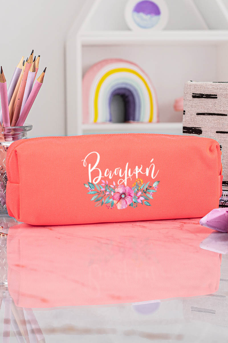 Σχολική Κασετίνα με Όνομα, σε Κοραλί Χρώμα & Σχέδιο Poppy