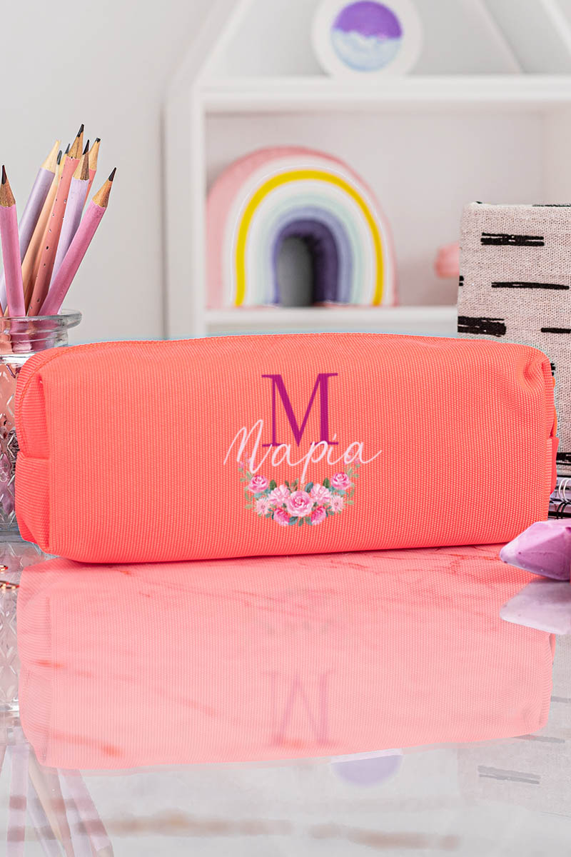 Σχολική Κασετίνα με Όνομα, σε Κοραλί Χρώμα & Σχέδιο Roses