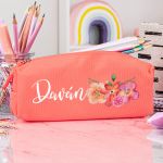 Σχολική Κασετίνα με Όνομα, σε Κοραλί Χρώμα & Σχέδιο Blossom