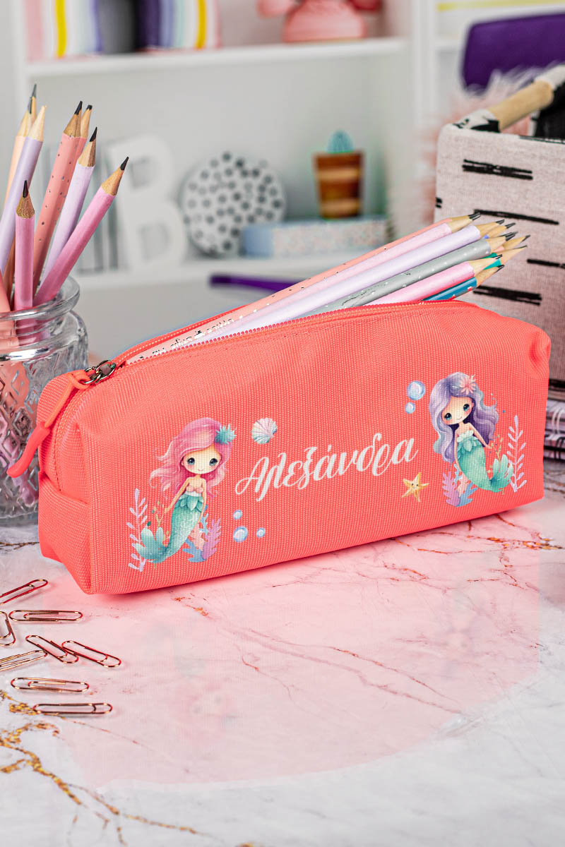 Σχολική Κασετίνα με Όνομα, σε Κοραλί Χρώμα & Σχέδιο Γοργόνες