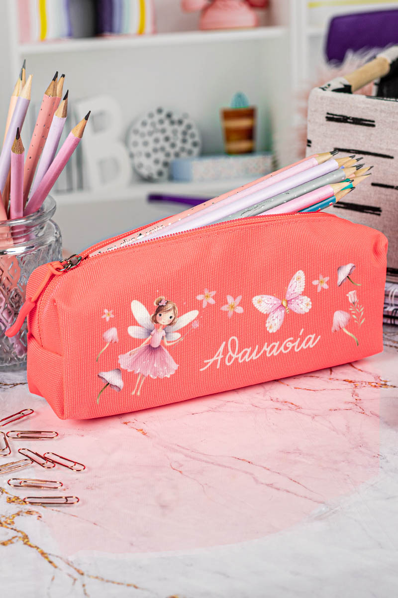 Σχολική Κασετίνα με Όνομα, σε Κοραλί Χρώμα & Σχέδιο Νεραϊδα