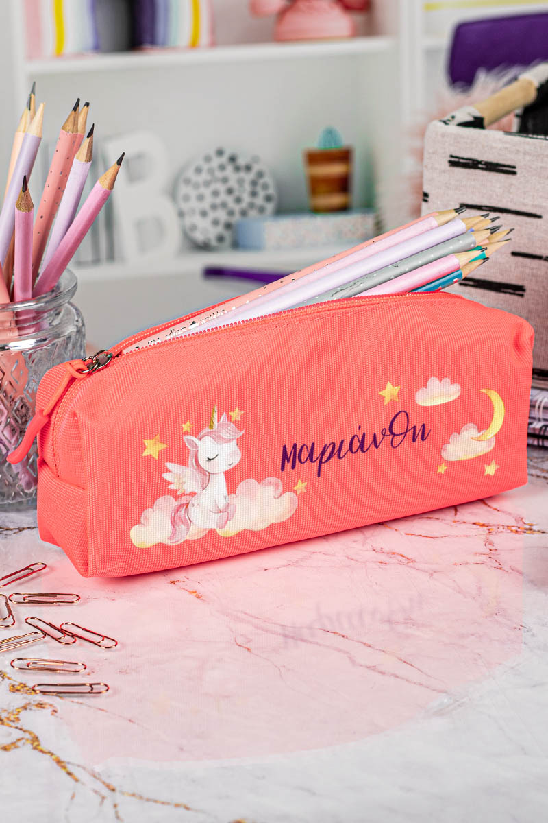Σχολική Κασετίνα με Όνομα, σε Κοραλί Χρώμα & Σχέδιο Μονόκερος