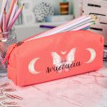 Σχολική Κασετίνα με Όνομα, σε Κοραλί Χρώμα & Σχέδιο Φεγγάρια