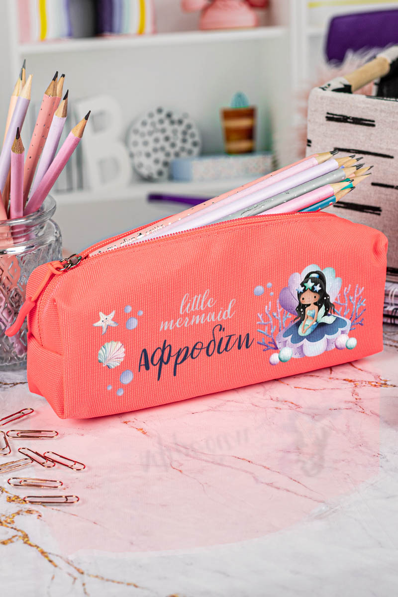 Σχολική Κασετίνα με Όνομα, σε Κοραλί Χρώμα & Σχέδιο Κοραλί