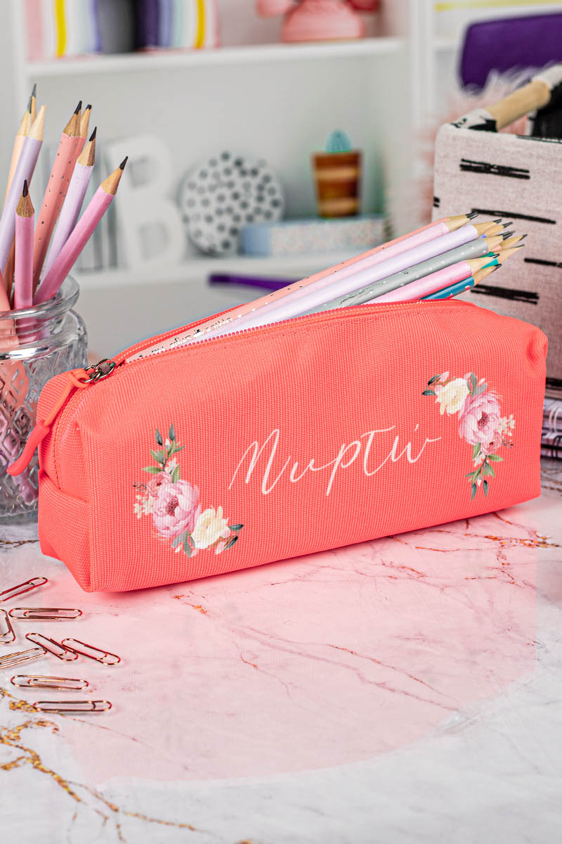 Σχολική Κασετίνα με Όνομα, σε Κοραλί Χρώμα & Σχέδιο Λουλούδια