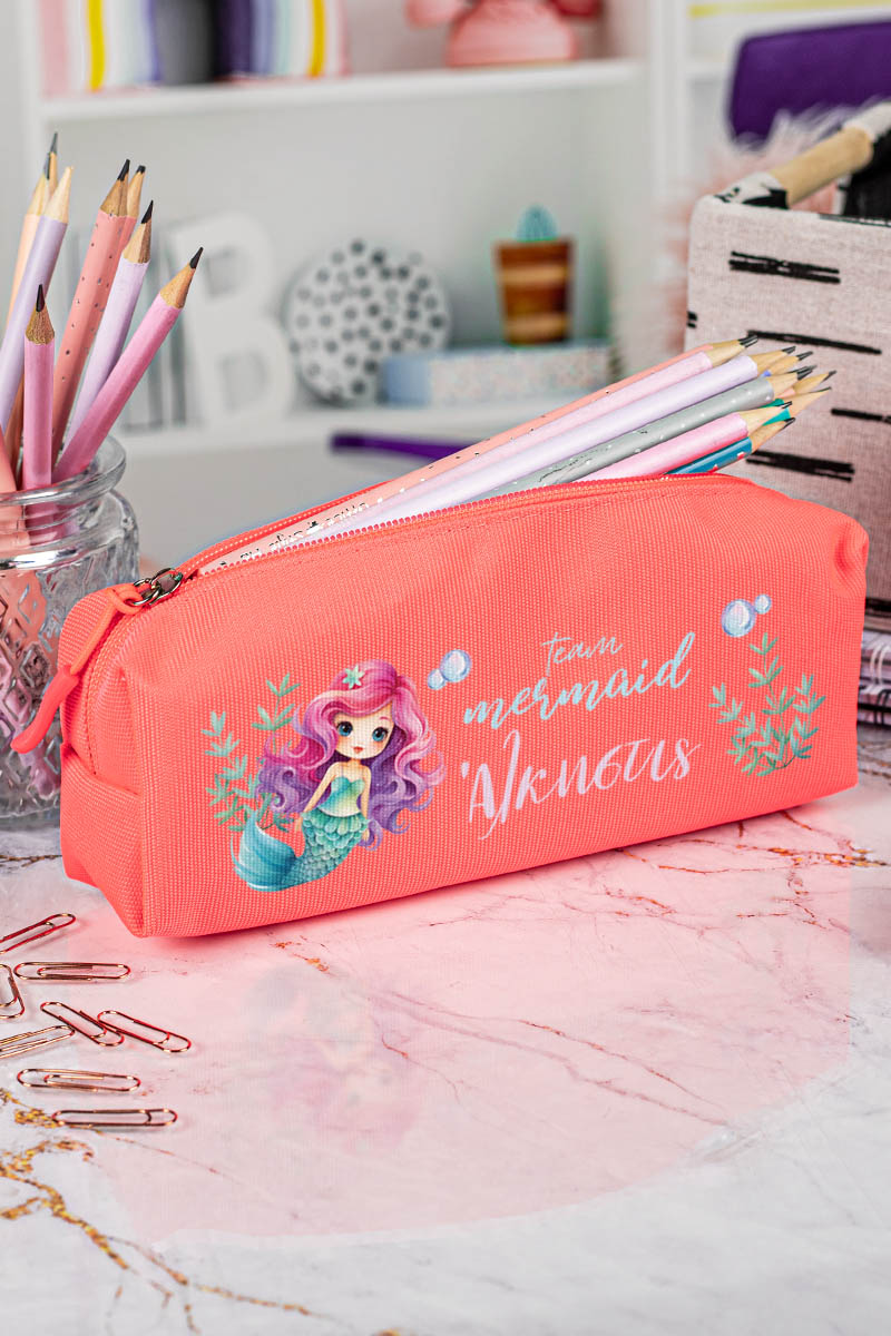 Σχολική Κασετίνα με Όνομα, σε Κοραλί Χρώμα & Σχέδιο Άριελ