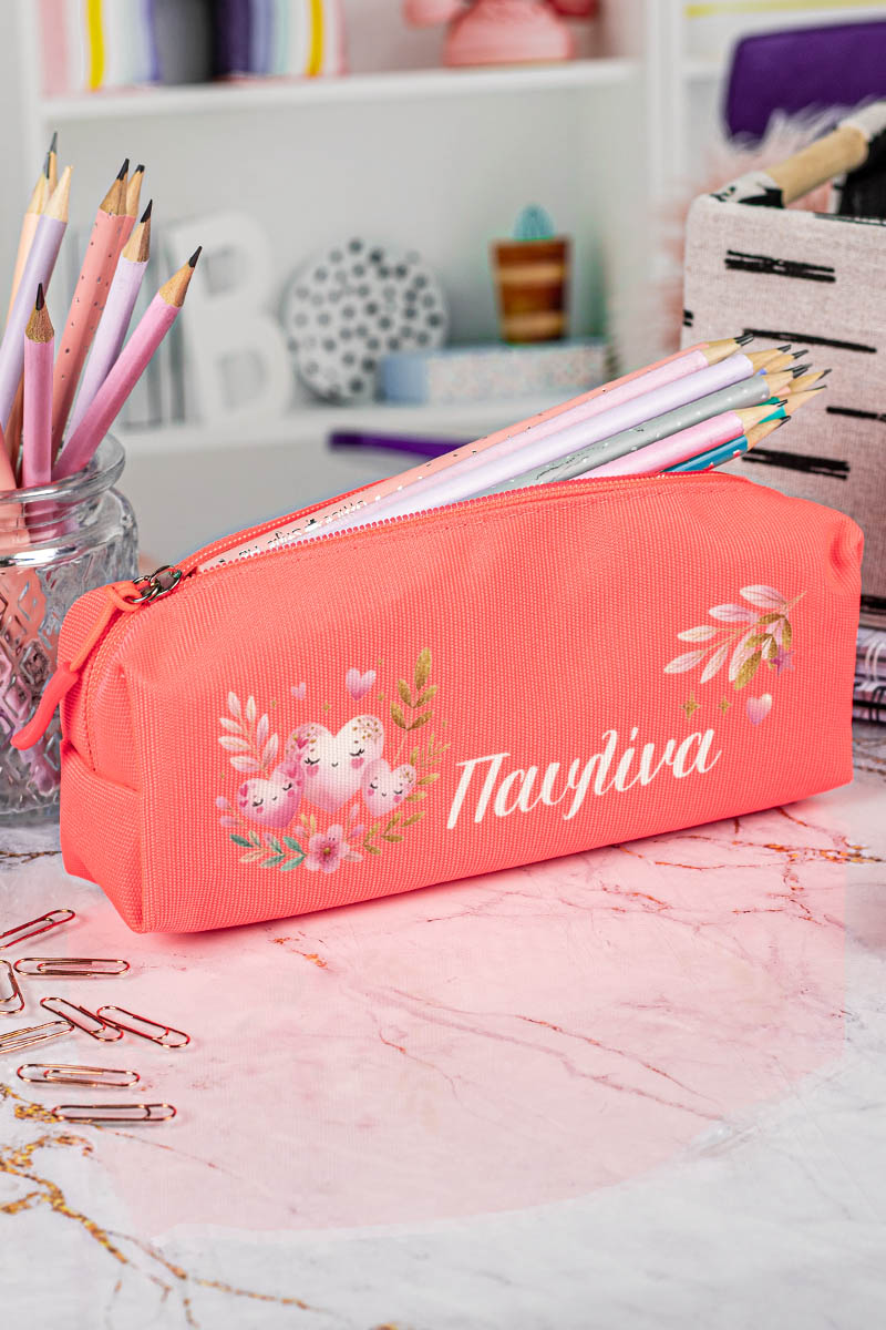 Σχολική Κασετίνα με Όνομα, σε Κοραλί Χρώμα & Σχέδιο Καρδίες