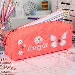 Σχολική Κασετίνα με Όνομα, σε Κοραλί Χρώμα & Σχέδιο Πεταλούδα