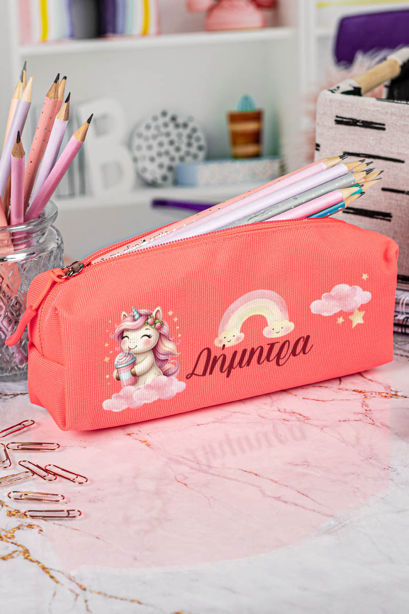 Σχολική Κασετίνα με Όνομα, σε Κοραλί Χρώμα & Σχέδιο Milkshake