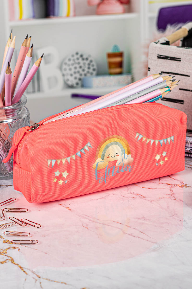 Σχολική Κασετίνα με Όνομα, σε Κοραλί Χρώμα & Σχέδιο Αστέρια