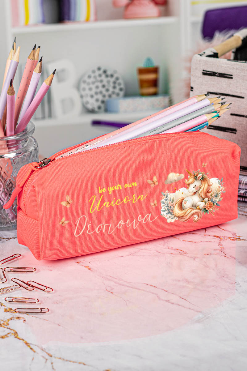 Σχολική Κασετίνα με Όνομα, σε Κοραλί Χρώμα & Σχέδιο Παράδεισος