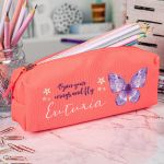 Σχολική Κασετίνα με Όνομα, σε Κοραλί Χρώμα & Σχέδιο Butterfly
