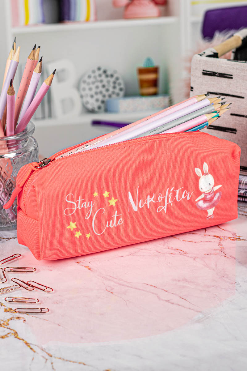 Σχολική Κασετίνα με Όνομα, σε Κοραλί Χρώμα & Σχέδιο Κουνελάκι