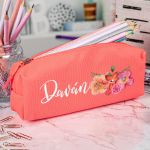 Σχολική Κασετίνα με Όνομα, σε Κοραλί Χρώμα & Σχέδιο Blossom