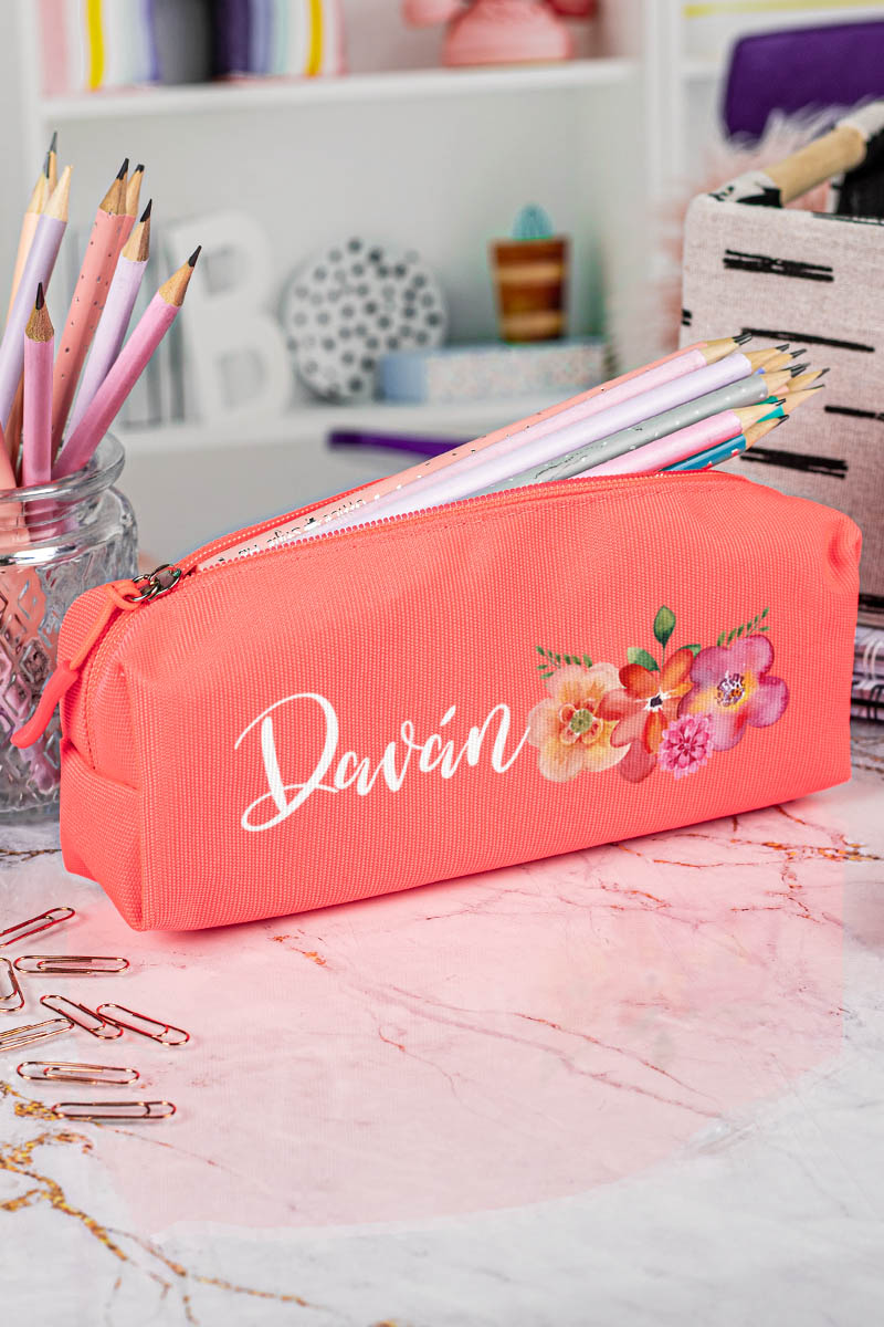 Σχολική Κασετίνα με Όνομα, σε Κοραλί Χρώμα & Σχέδιο Blossom