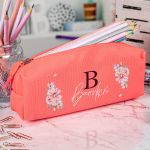 Σχολική Κασετίνα με Όνομα, σε Κοραλί Χρώμα & Σχέδιο Flowers