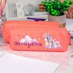 Σχολική Κασετίνα με Όνομα, σε Κοραλί Χρώμα & Σχέδιο Σύννεφα