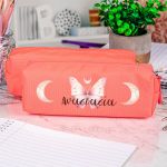 Σχολική Κασετίνα με Όνομα, σε Κοραλί Χρώμα & Σχέδιο Φεγγάρια