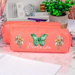 Σχολική Κασετίνα με Όνομα, σε Κοραλί Χρώμα & Σχέδιο Ανθοί