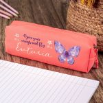 Σχολική Κασετίνα με Όνομα, σε Κοραλί Χρώμα & Σχέδιο Butterfly