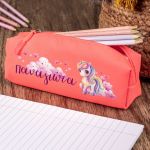 Σχολική Κασετίνα με Όνομα, σε Κοραλί Χρώμα & Σχέδιο Σύννεφα