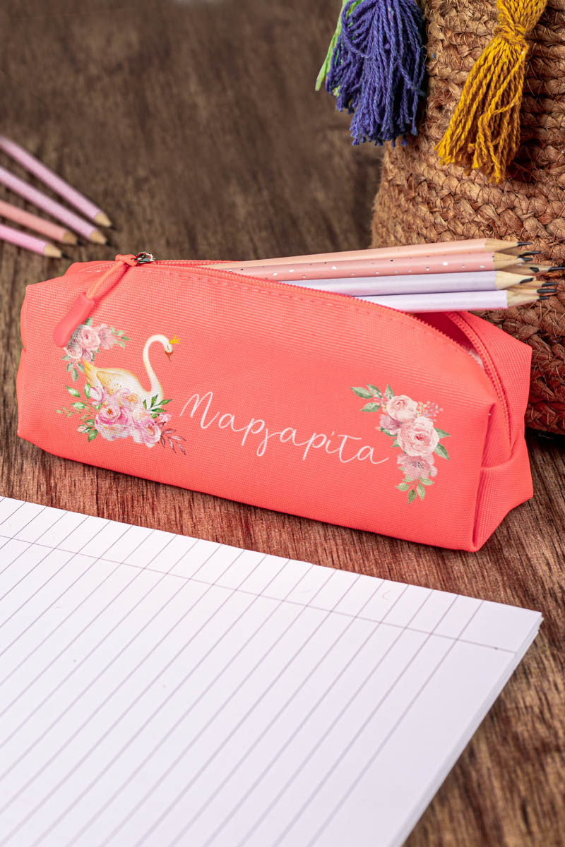 Σχολική Κασετίνα με Όνομα, σε Κοραλί Χρώμα & Σχέδιο Κύκνος