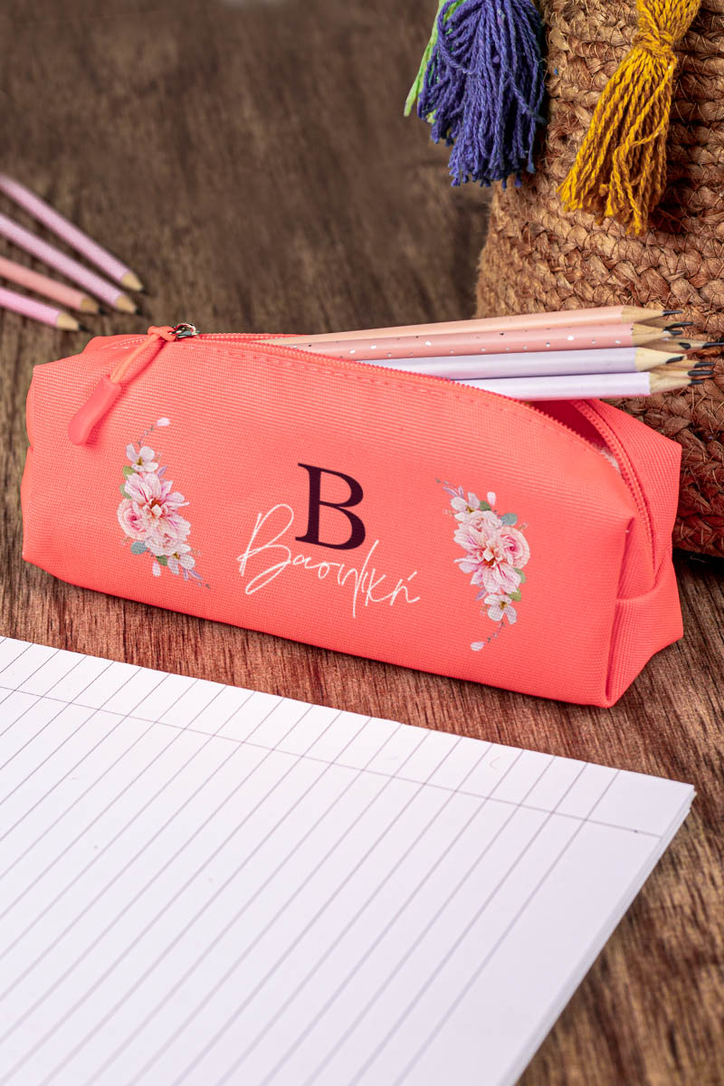 Σχολική Κασετίνα με Όνομα, σε Κοραλί Χρώμα & Σχέδιο Flowers