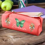 Σχολική Κασετίνα με Όνομα, σε Κοραλί Χρώμα & Σχέδιο Ανθοί